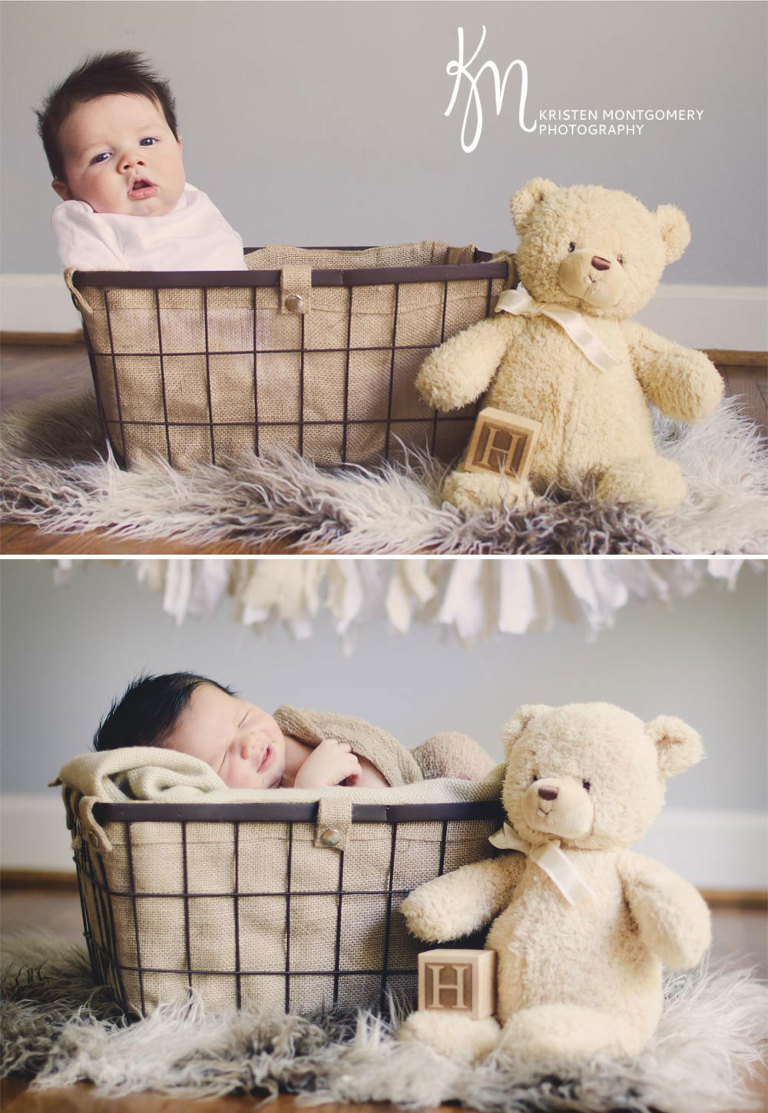 Three Month Photos and Newborn Photos, Baby in Basket with Bear and Block