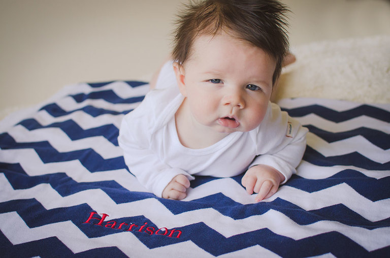 Three Month Photos, Three Month Old on Navy and White Pottery Barn Kids Blanket